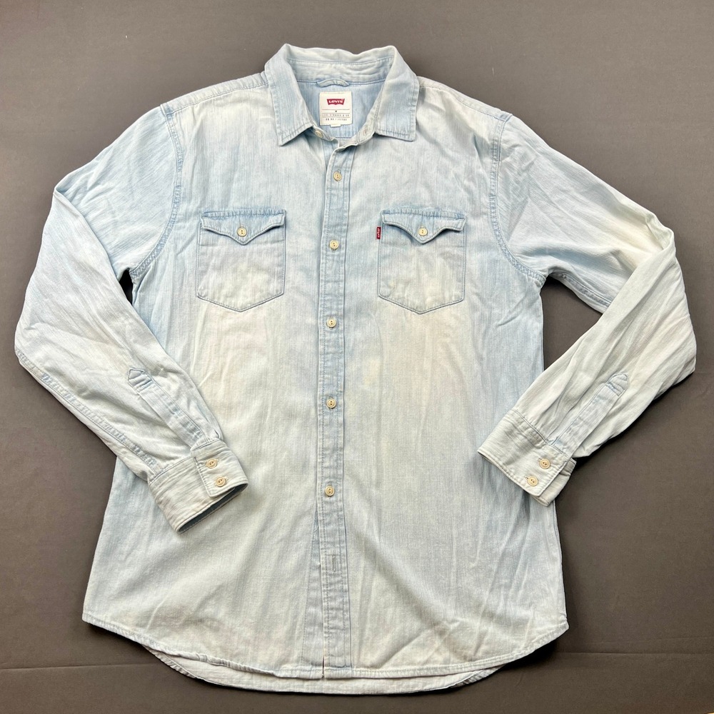 Levis Mens Denim Western Shirt Light Wash Blue Cotton Long Sleeve 3LGLW1344 M